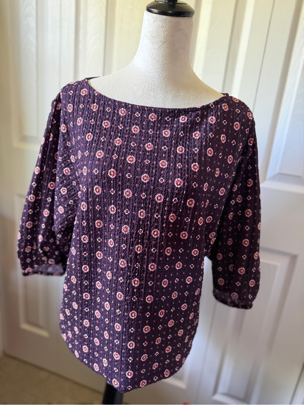 LOFT Foulard Pleated Puff Elbow Sleeve Top Blouse Plum Raisin